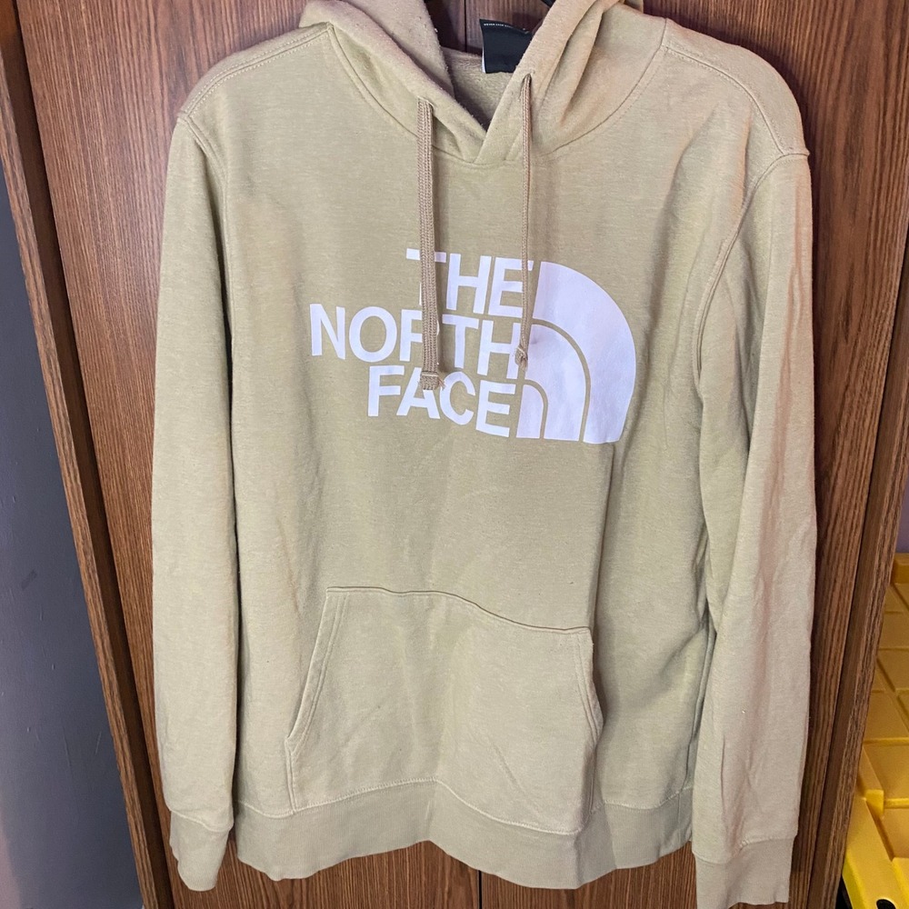 The North Face Half Dome Logo Hoodie Mens Large Tan Khaki Pullover Sweatshirt